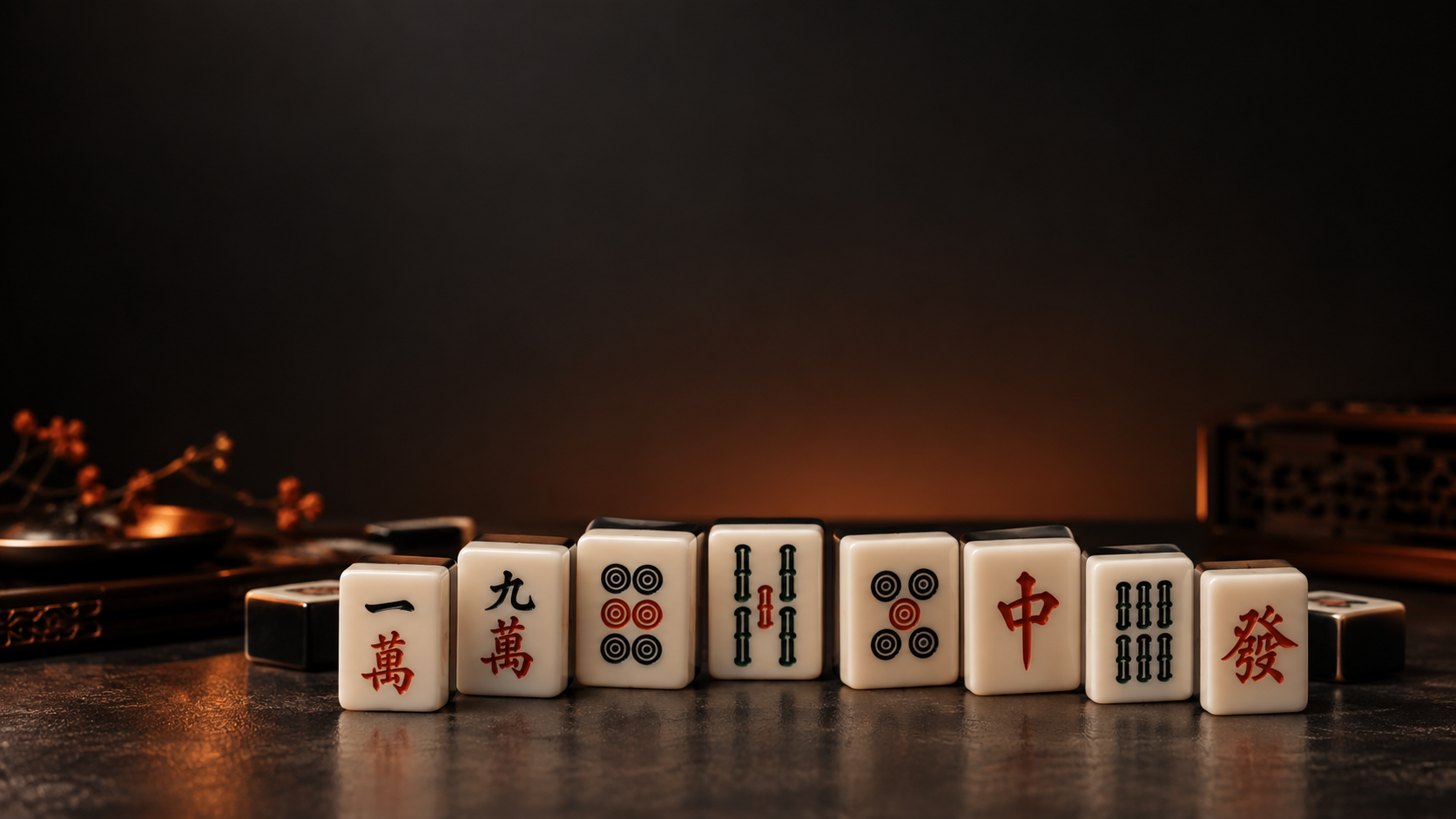 A row of ivory mahjong tiles in warm orange studio light